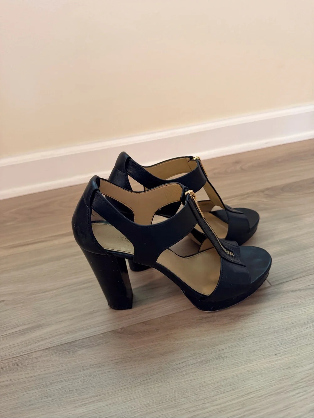 Michael Kors Black Leather T-Strap Platform Heels with Gold Zipper Accent